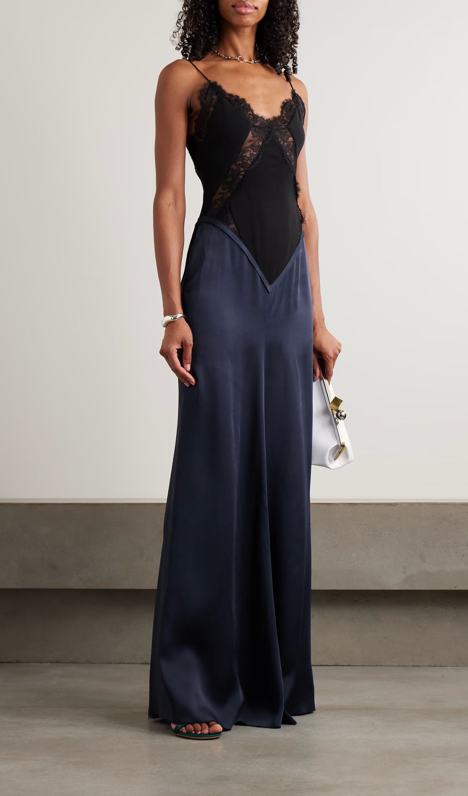 Lace Trimmed Crepe Satin Maxi Dress