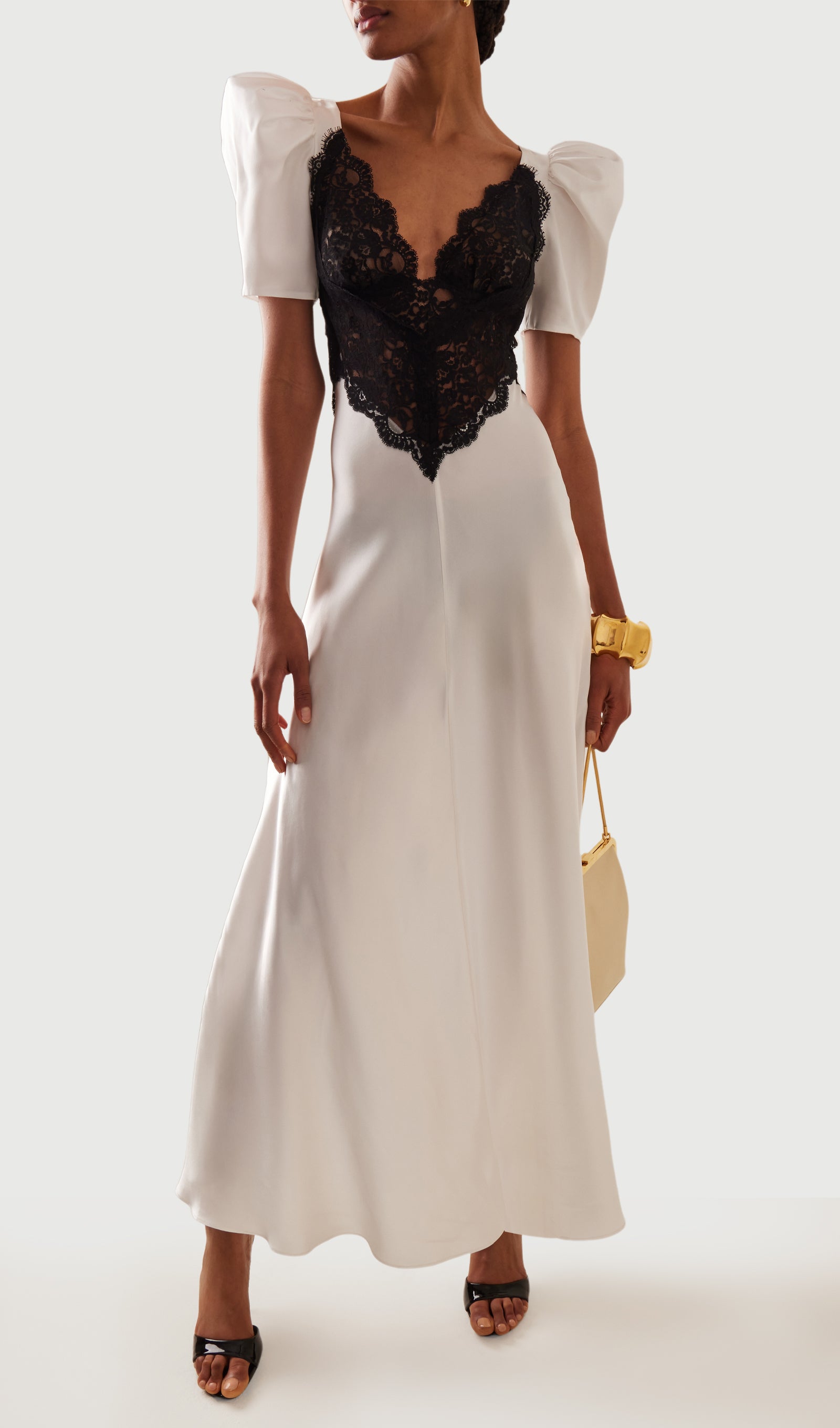 Lace Trimmed Puff Sleeve Silk Maxi Dress