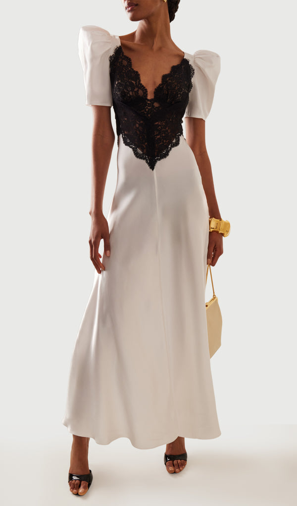 Lace Trimmed Puff Sleeve Silk Maxi Dress