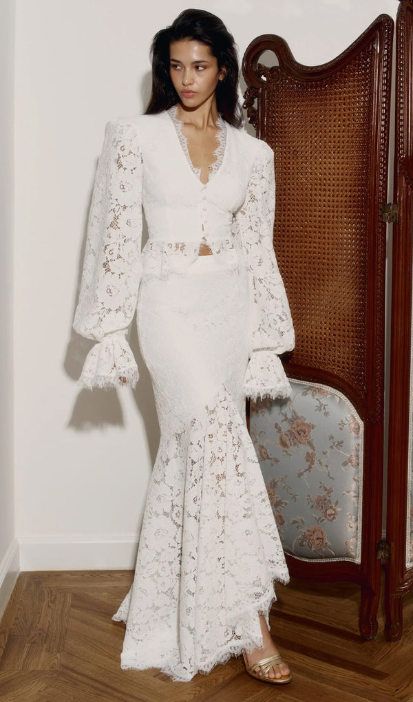 Lace Trimmed Puff Sleeved Top & Fishtail Skirt Set