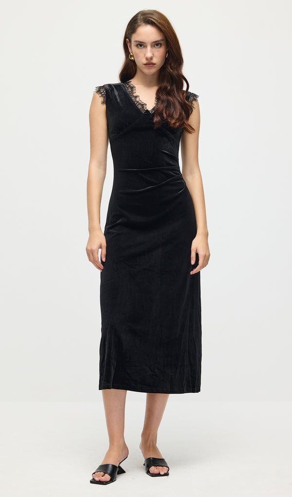 Lace Trimmed Velvet Midi Dress