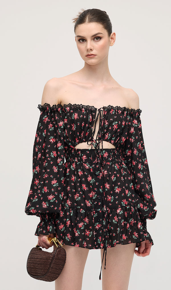 Lace Up Mini Dress Two Piece Set In Rose Print