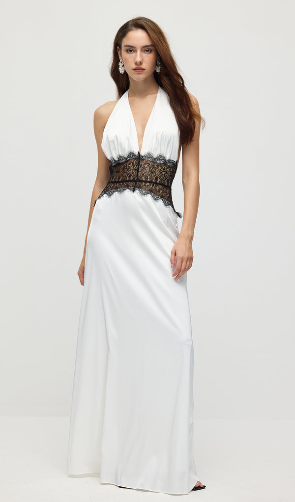 Lace And Satin Maxi Dress In White