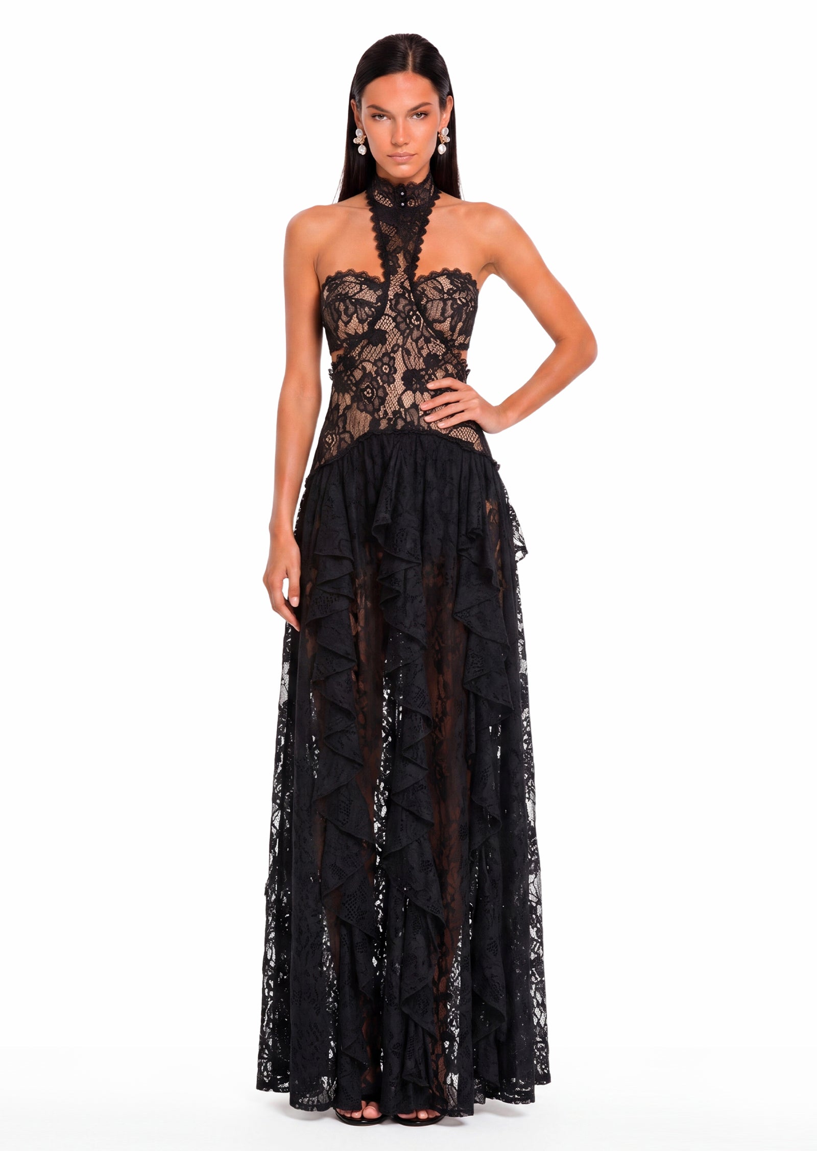 Faisal Floral Embroidered Lace Maxi Dress In Black