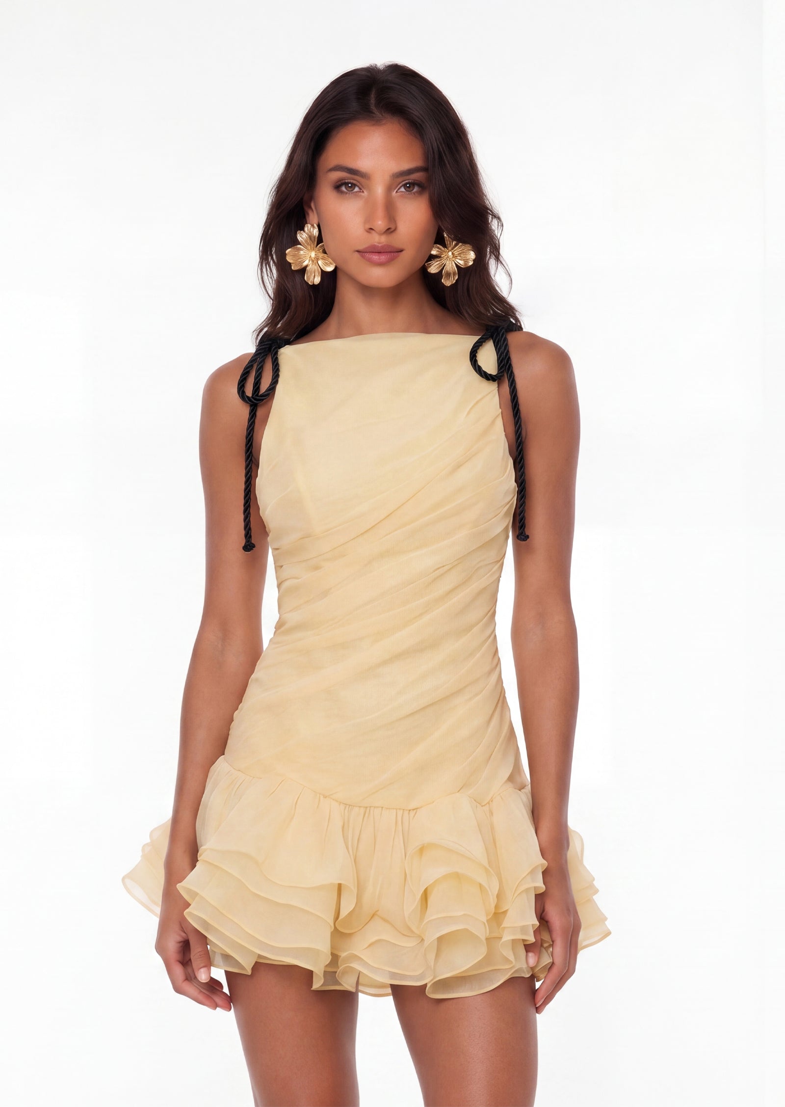 Laleh Ruffled Lace-Up Mini Dress In Yellow