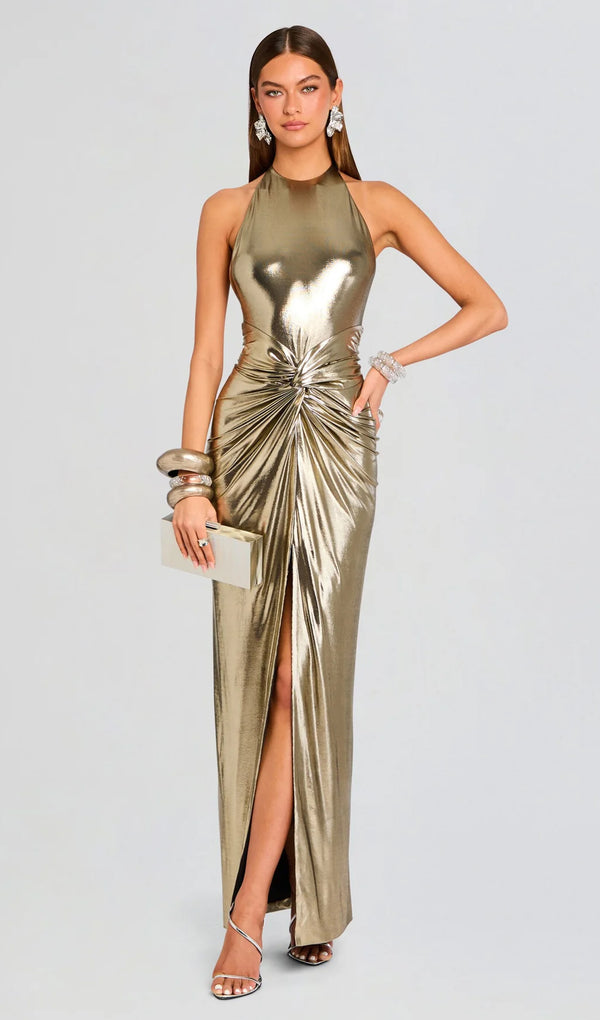 Lame High Neck Twist Detail Maxi Dress