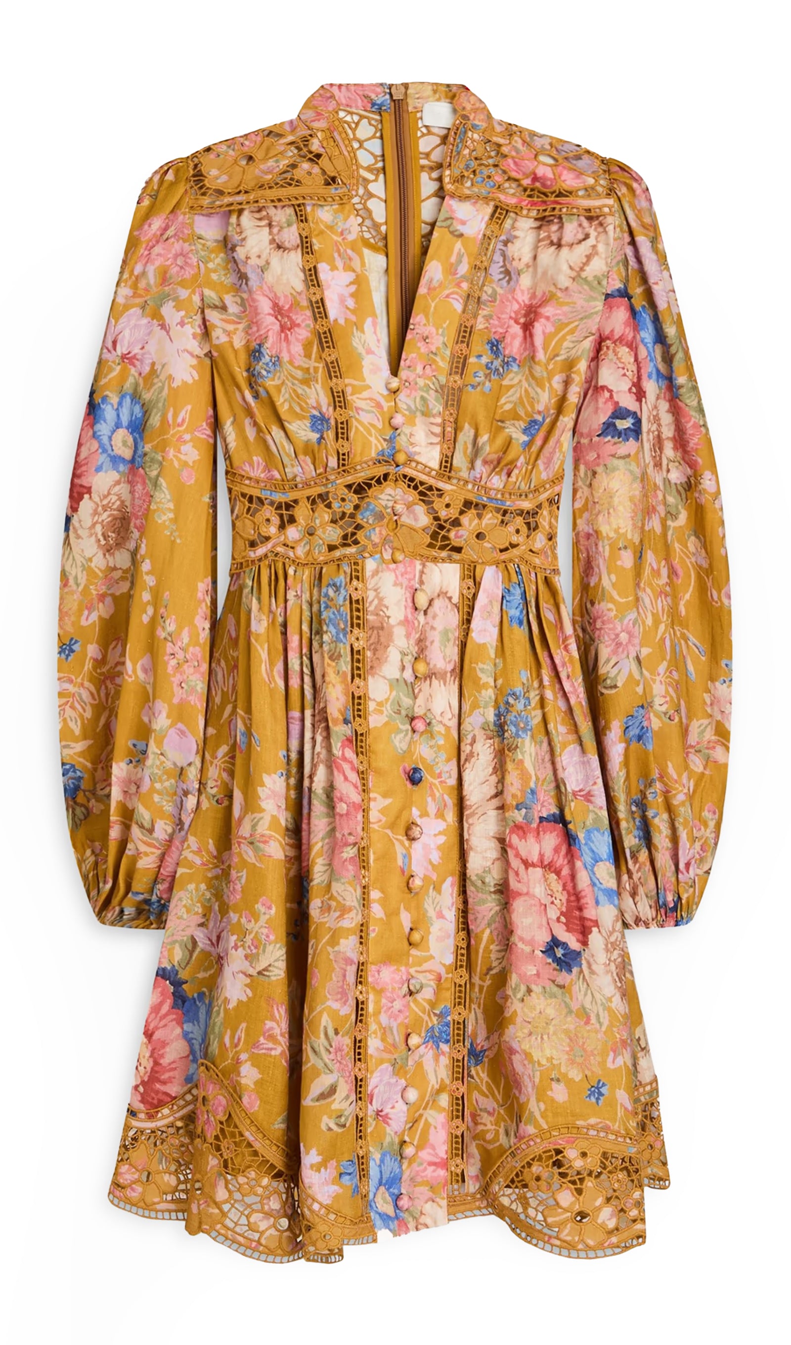 Lattice Trimmed Floral Print Linen Mini Dress
