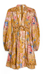 Lattice Trimmed Floral Print Linen Mini Dress