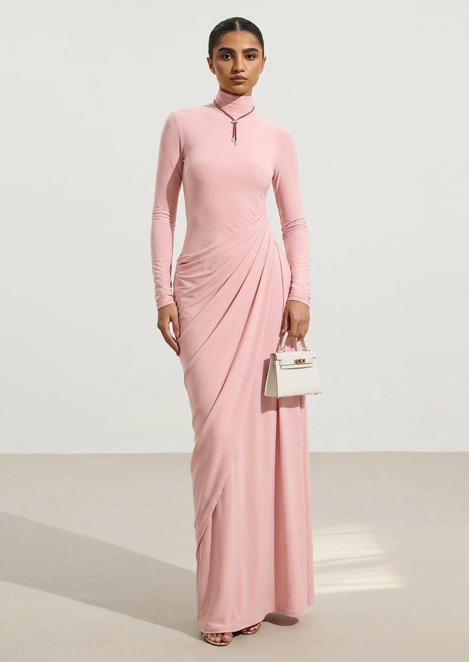 Layali Rose Draped High Neck Maxi Dress