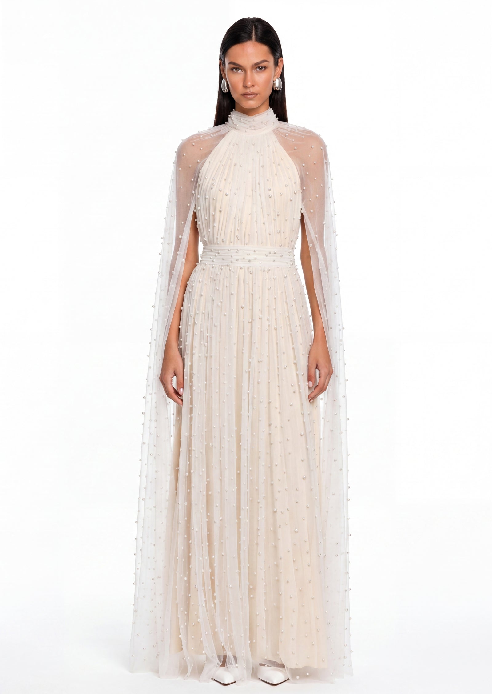 Layali Rose Cape Embellished Maxi Dress With Pearls