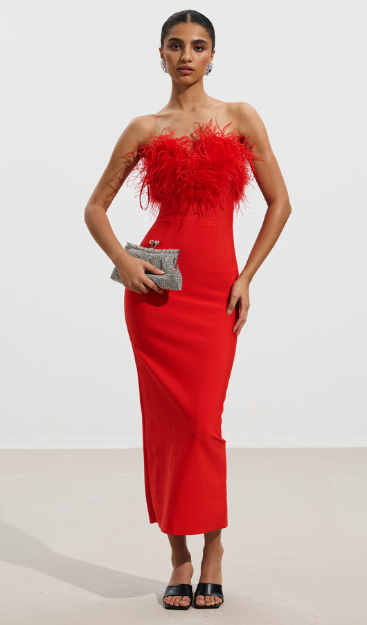 Lena Feather Trimmed Midi Dress Red Queena Wish Lena Feather Trimmed Midi Dress Red Queena Wish