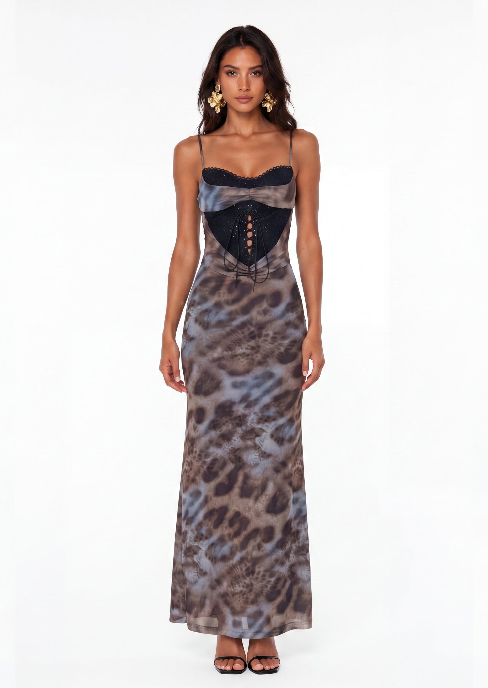 Leopard Cutout Detail Lace Patches Maxi Dress