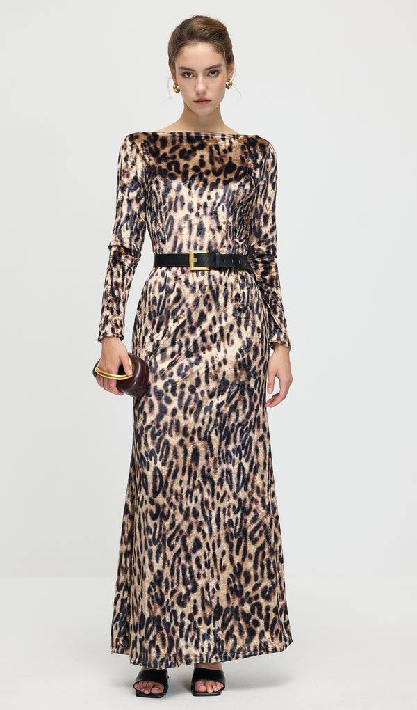 Leopard Printed Velvet Maxi Dress