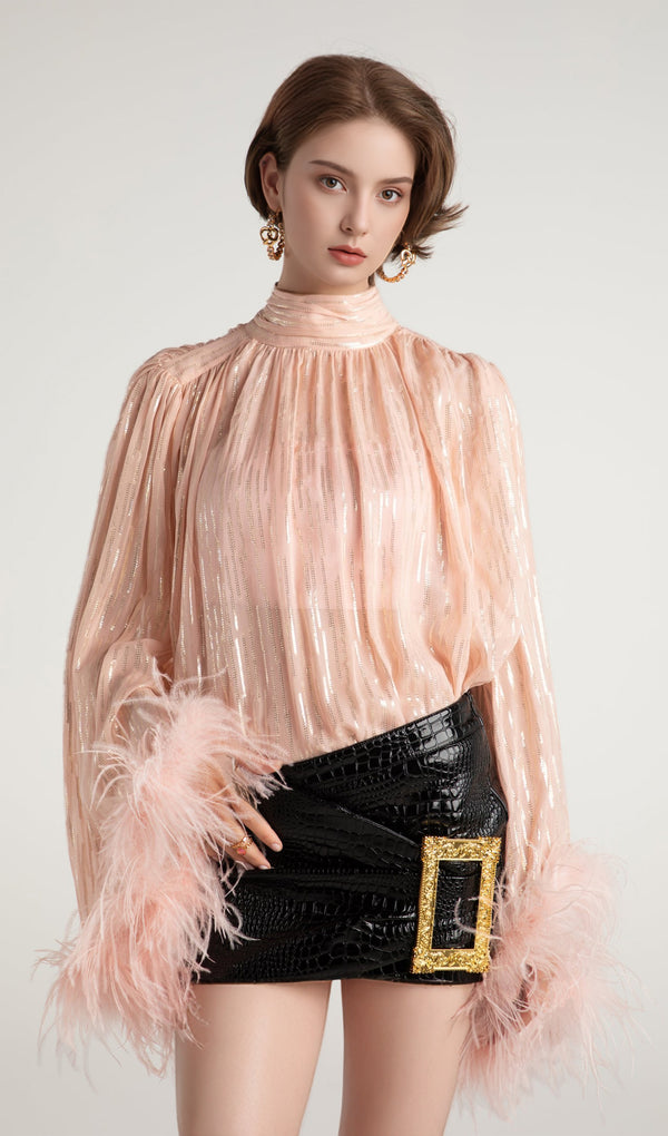Feather Top & Leather Mini Skirt In Pink