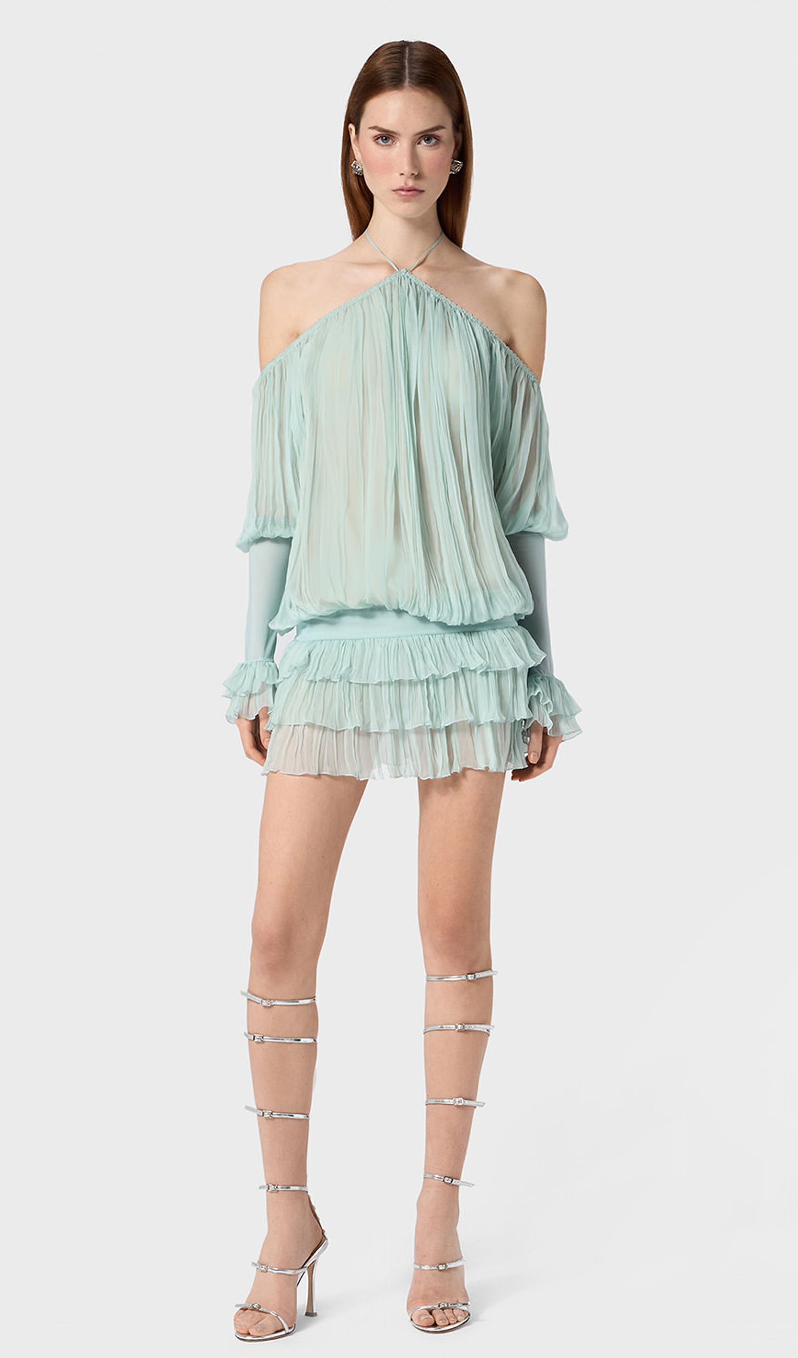 Long Sleeve Pleated Dress In Pale Blue