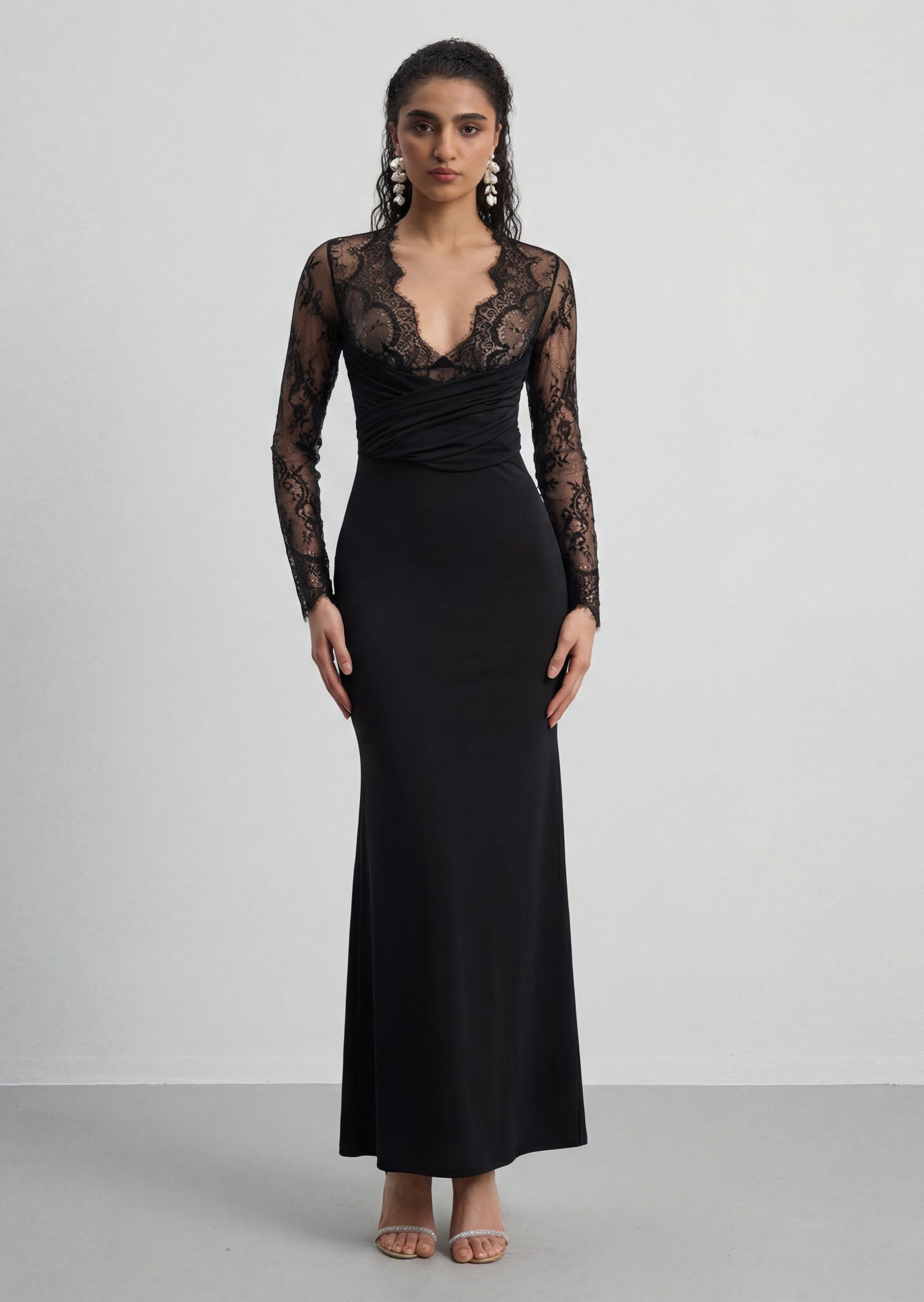 Long Sleeve Plunge Neck Lace Maxi Dress