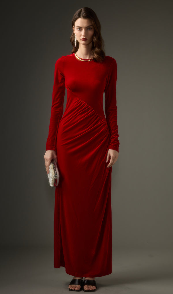 Long Sleeved Gathers  Maxi Dress In Red