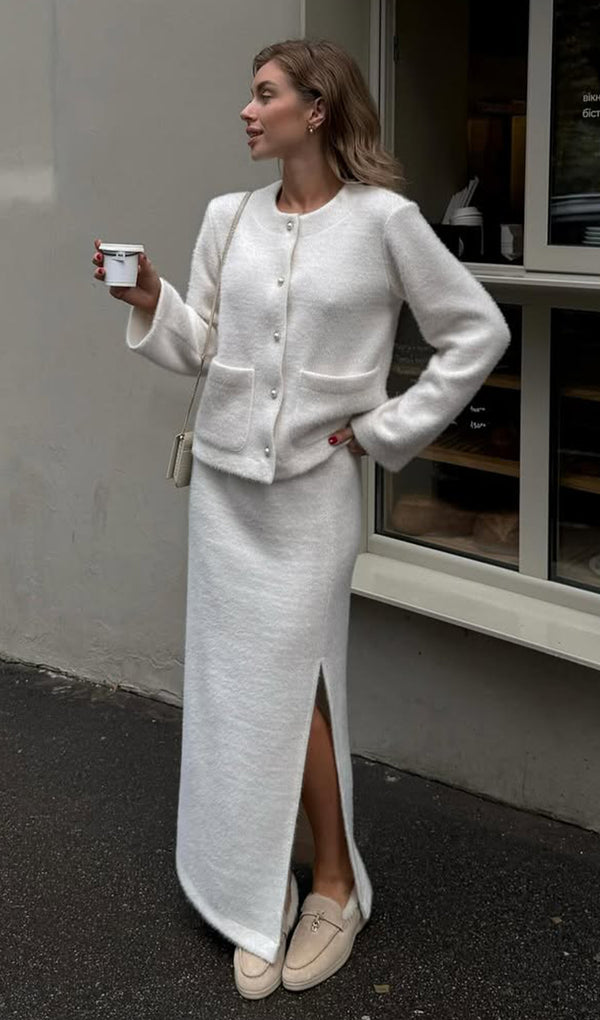 Long Sleeved Top And Slit Skirt Knit Set