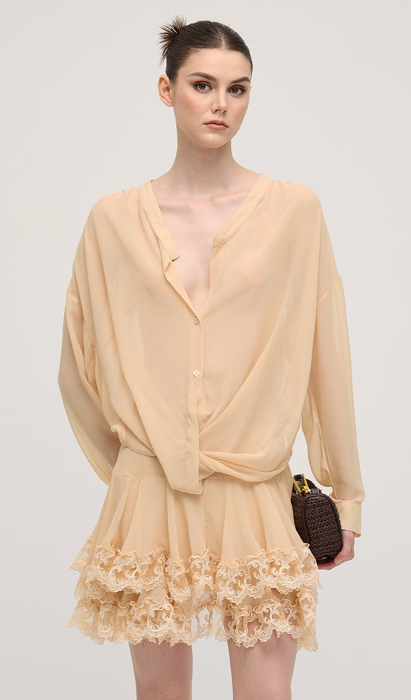 Long Sleeves Layered Folds Mini Dress