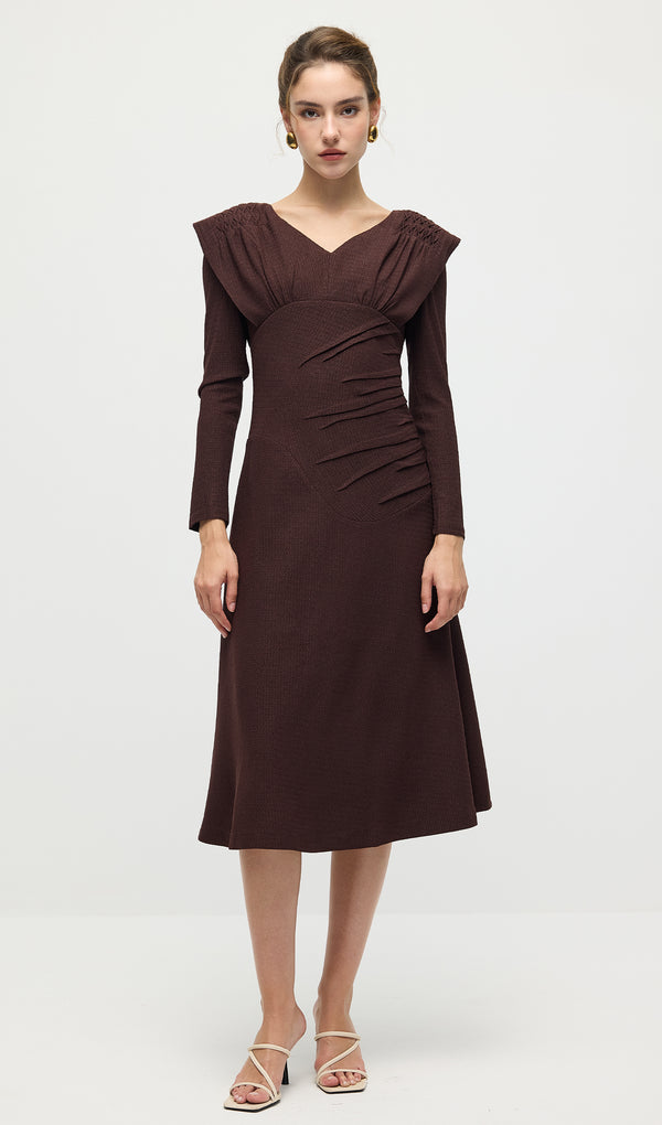 Long Sleeve Smocking Shoulder Midi Dress