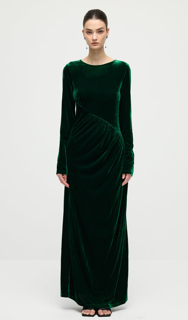 Long Sleeved Gathers  Maxi Dress In Dark Green