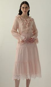 Long Sleeved Lace Panel Midi Skirt