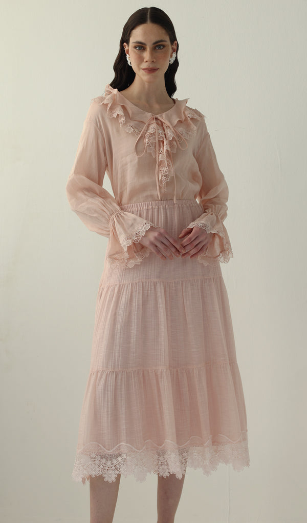 Long Sleeved Lace Panel Midi Skirt