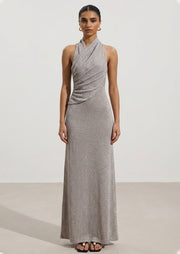 Lurex Knit Halter Maxi Dress In Silver
