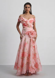 Midikleid in A-Linie mit Blumenmuster und Laternenärmeln