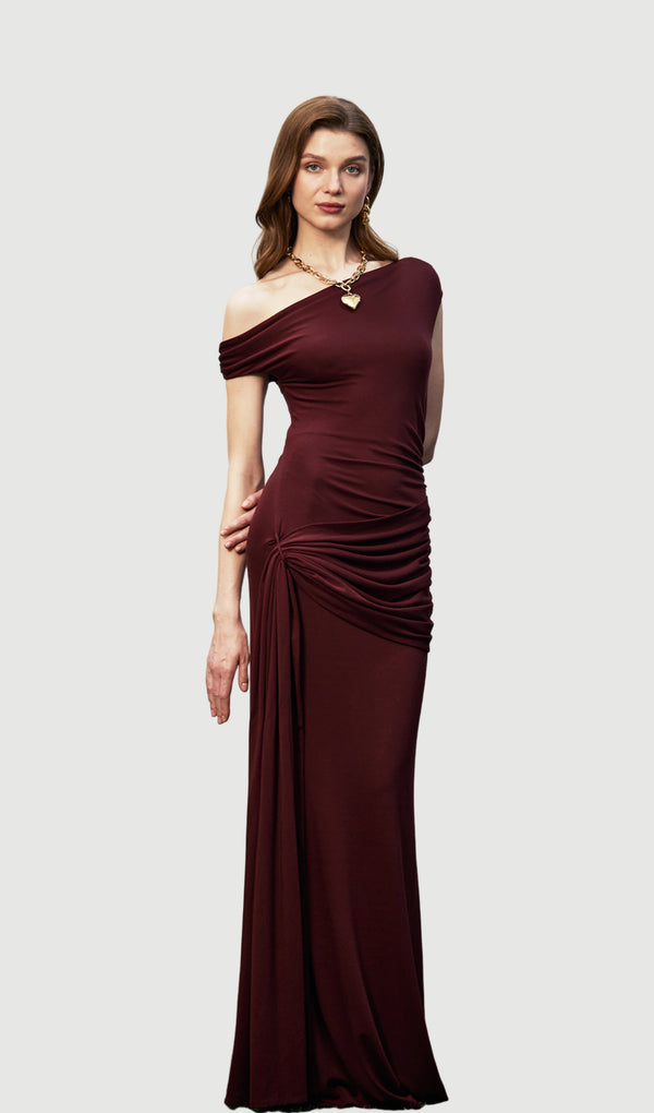 Solid Slinky Fishtail Maxi Dress - Mahogany