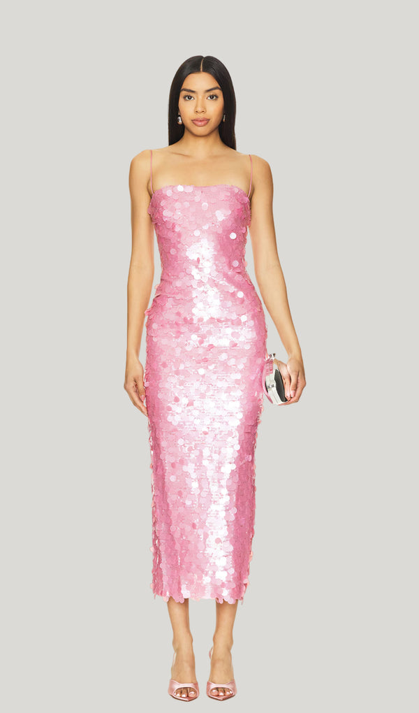 Circle Sequin Midi Dress-Pink
