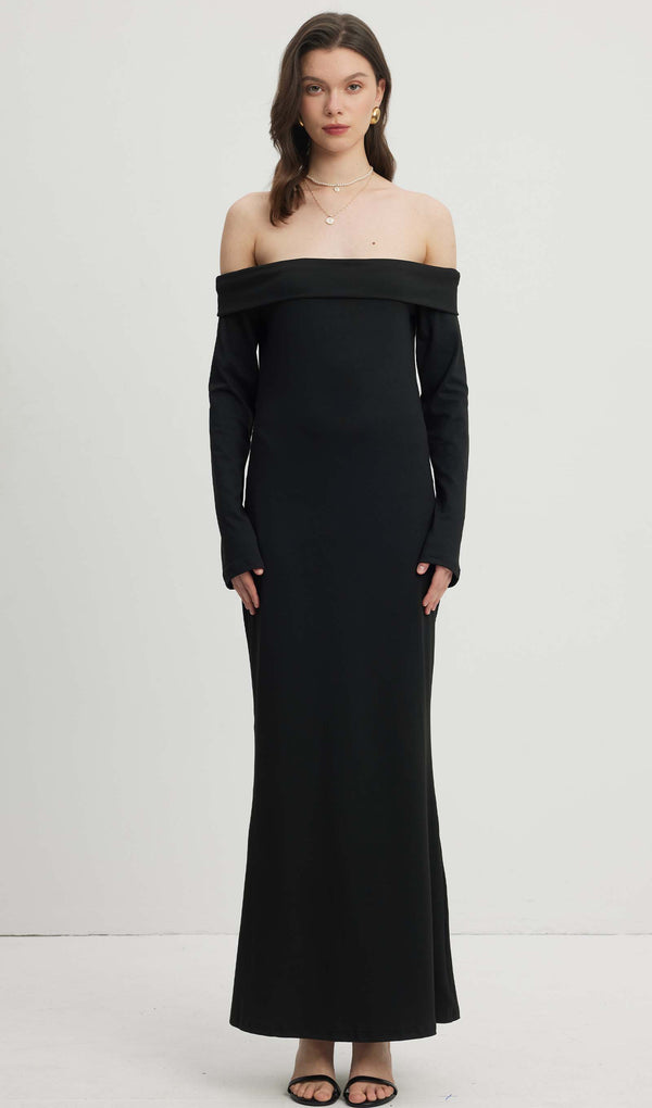 Maida Folded Neckline Maxi Dress Black