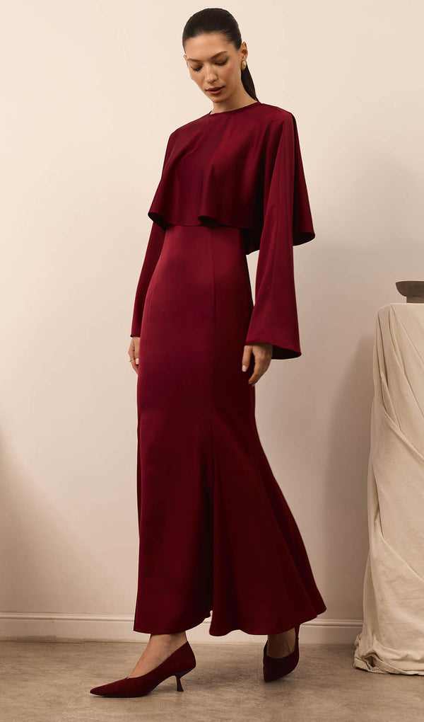 Maxi Dress With Voluminous Cape In Claret