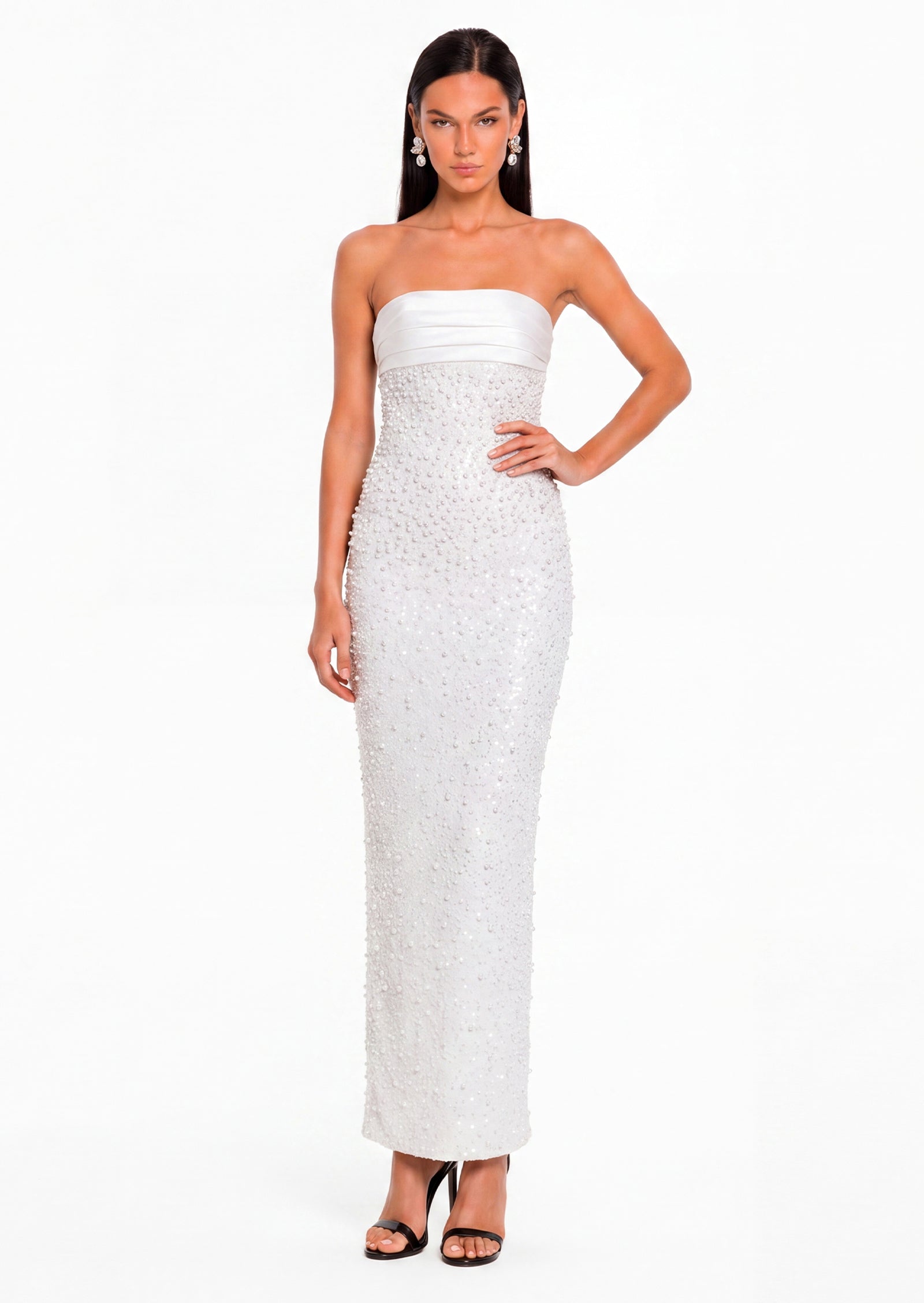 Gadiel Satin Sequin Pearls Beaded Maxi Dress