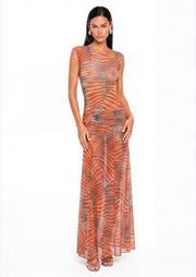 Pahuac Print Sheer Mesh Dress Two Piece Set