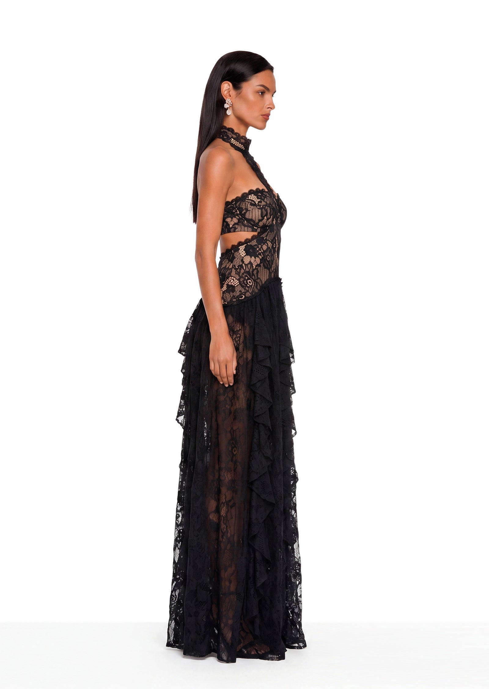 Faisal Floral Embroidered Lace Maxi Dress In Black