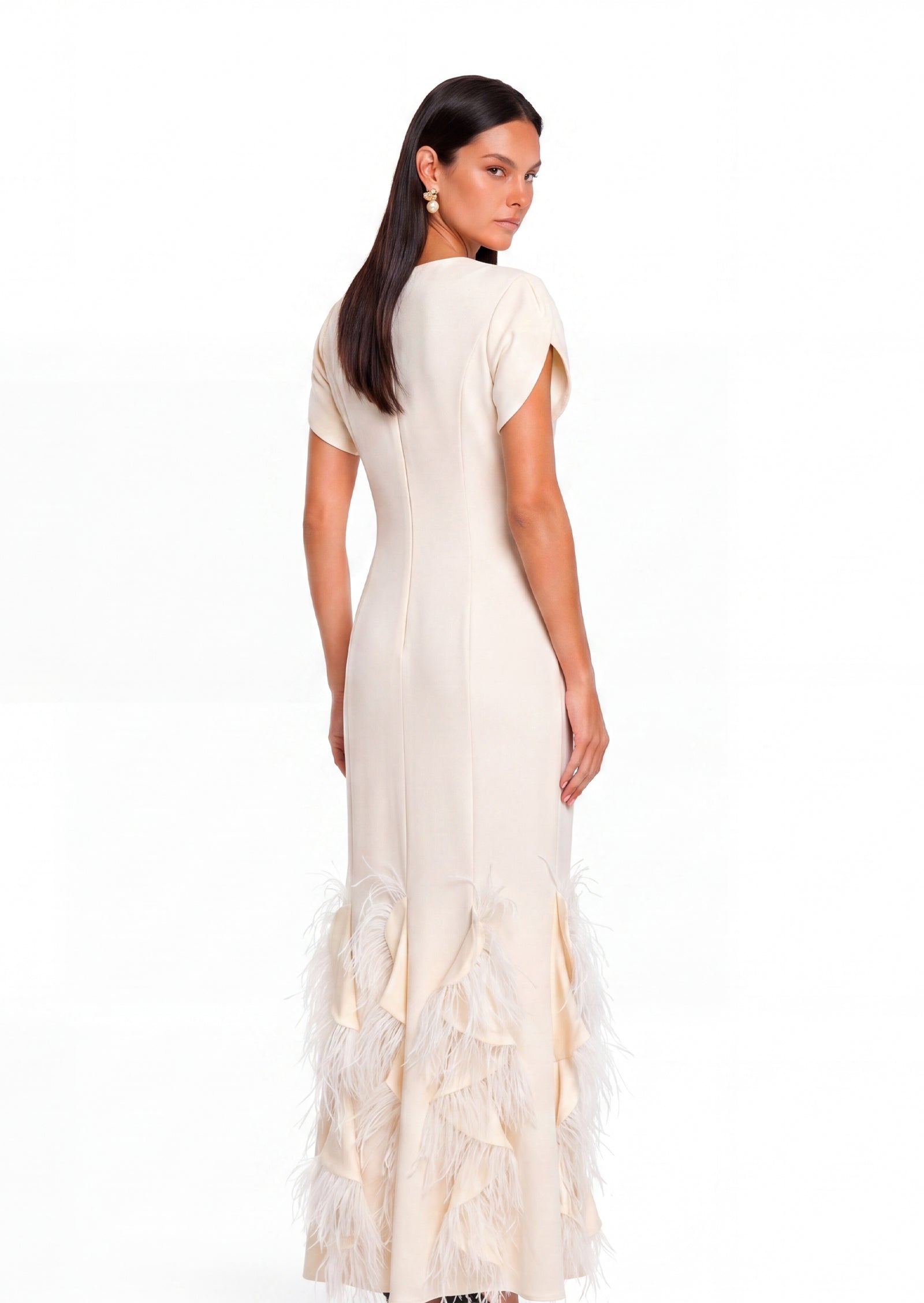 Idania Short Sleeve Feather Maxi Dress In White