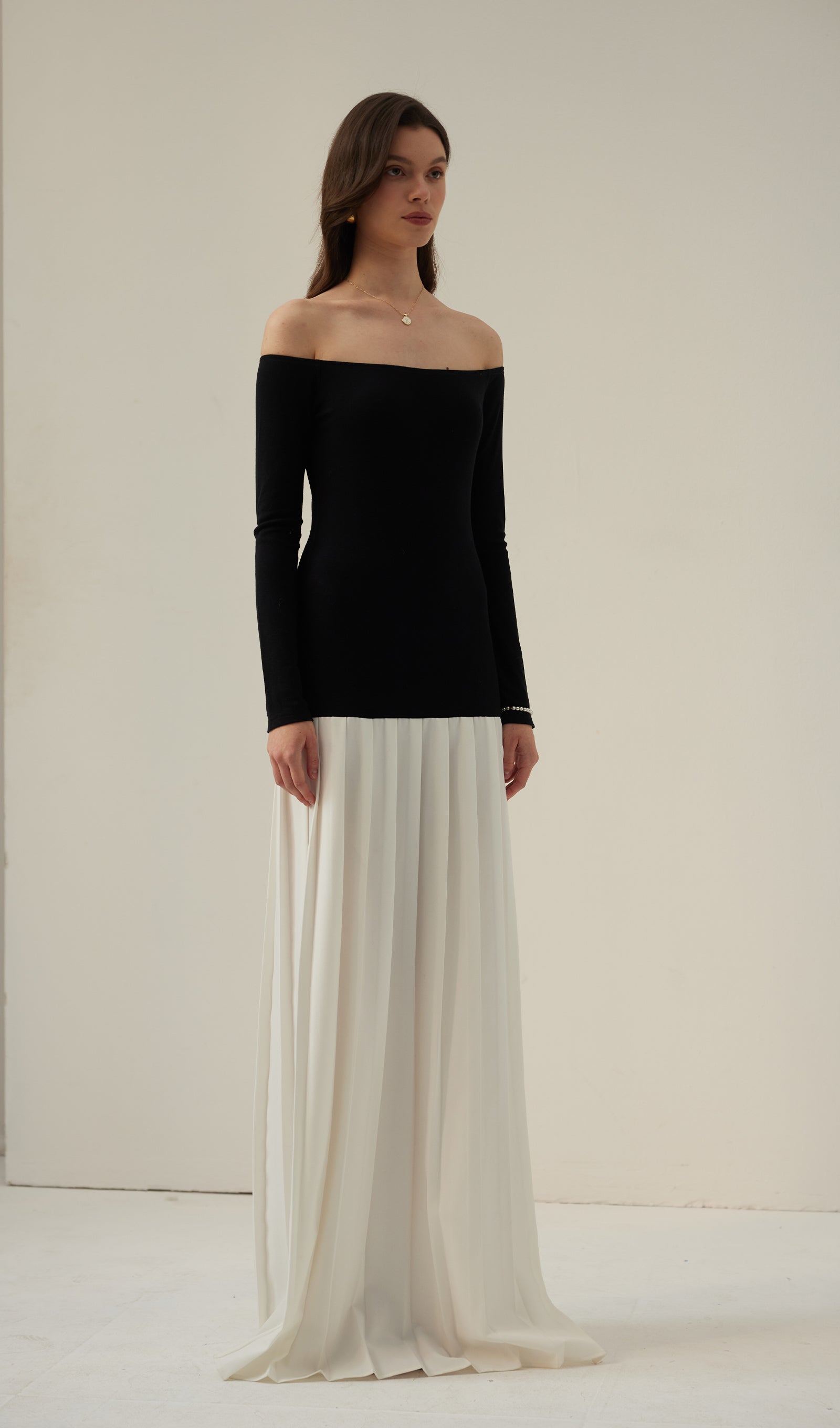 Contrast Knit Off Shoulder Maxi Dress