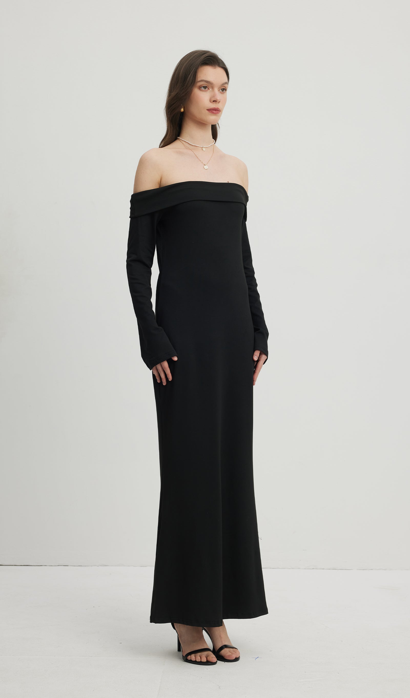 Maida Folded Neckline Maxi Dress Black  Queena Wish