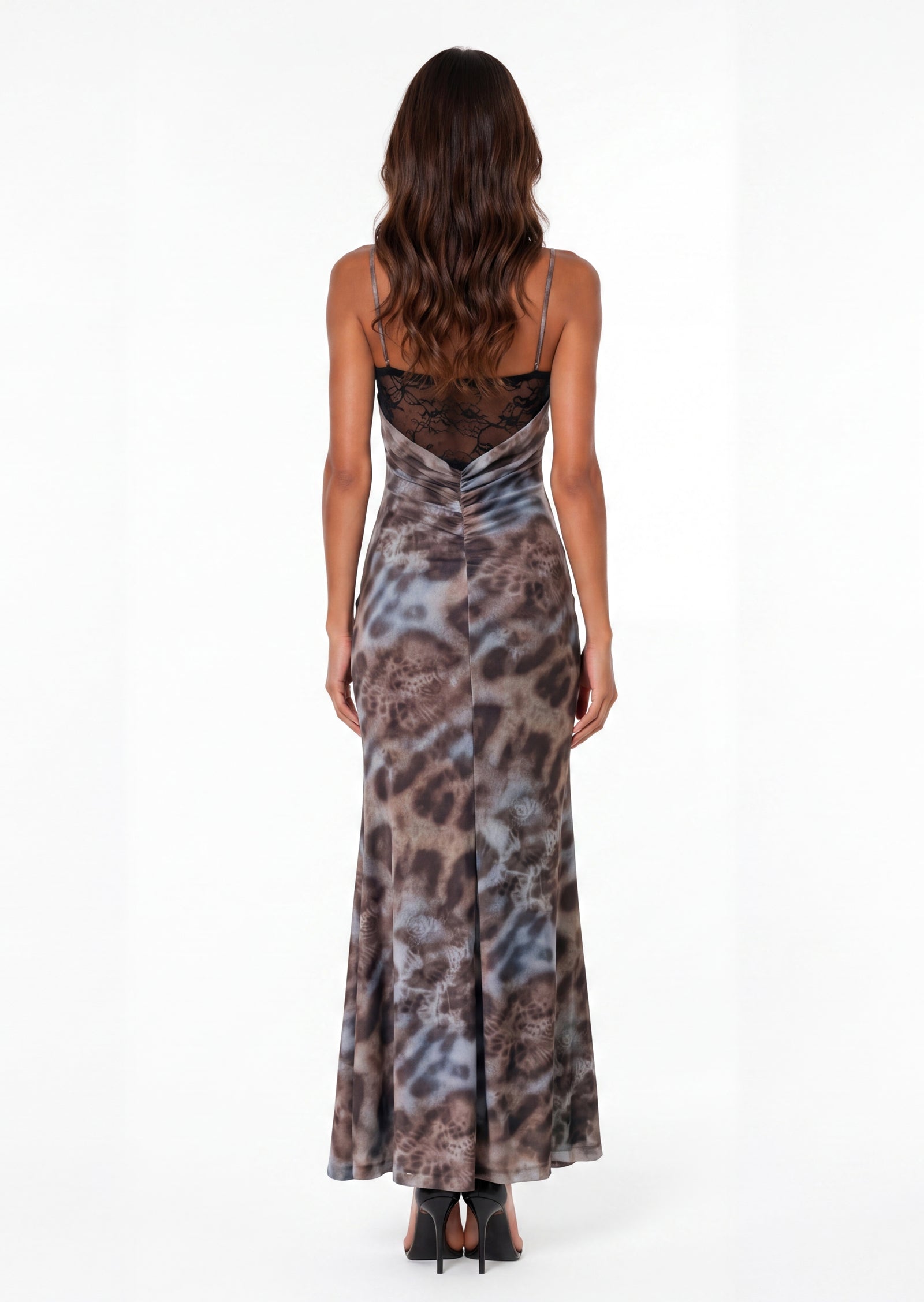 Leopard Cutout Detail Lace Patches Maxi Dress