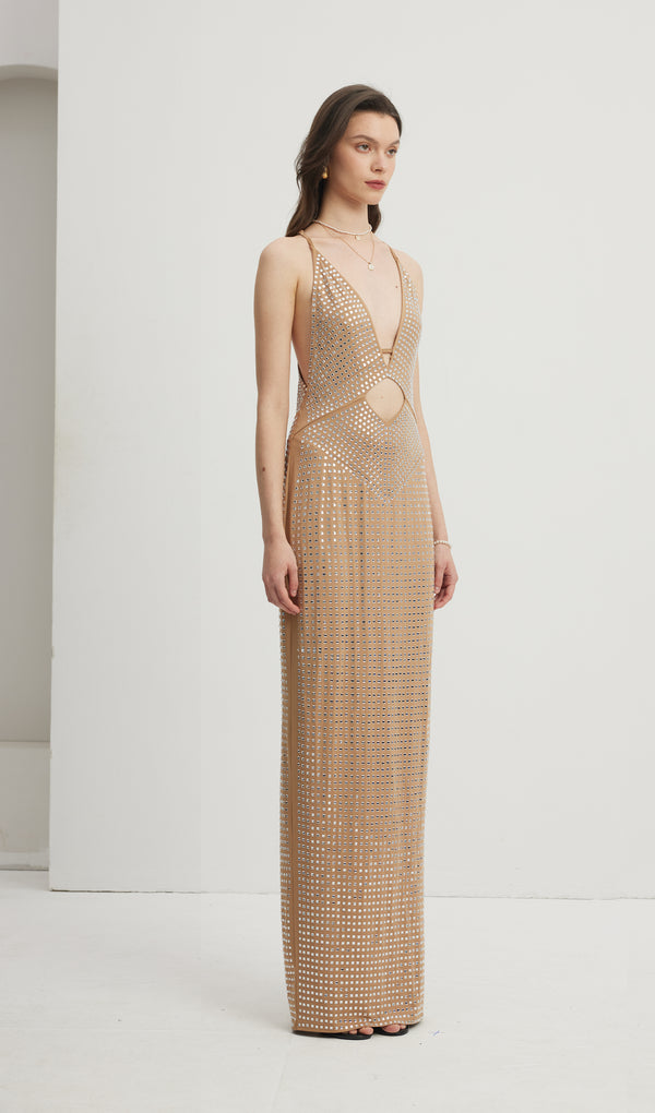 Embellished Cut-Out Maxi Dress Nude