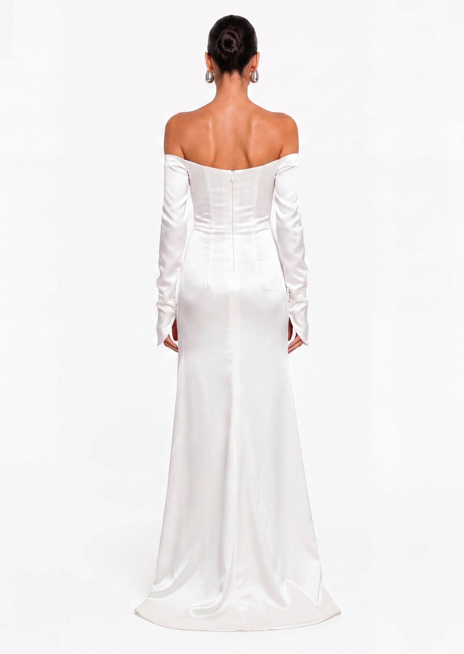Satin Off Shoulder Ruched Maxi Dress