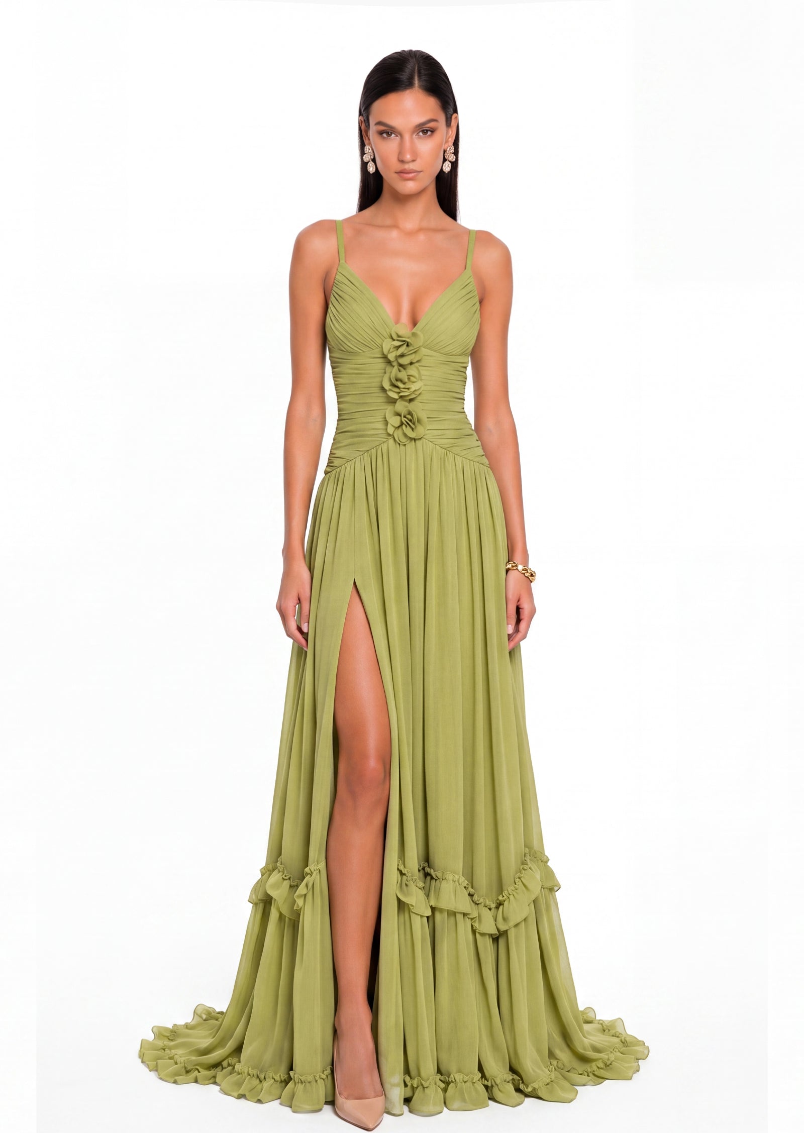 Tallul V Neck Ruched Maxi Dress In Green