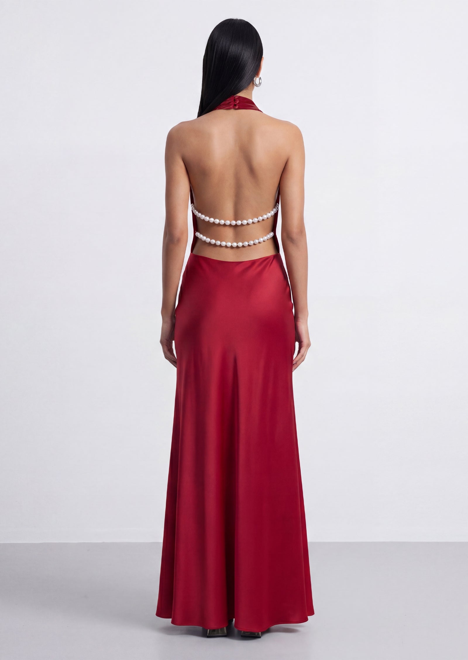 Satin Pearl Decor Maxi Dress In Red