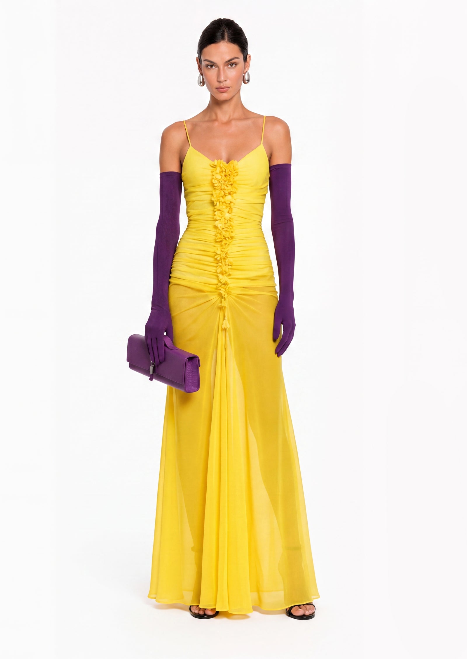 Harlee Ruched Floral Maxi Dress In Yellow