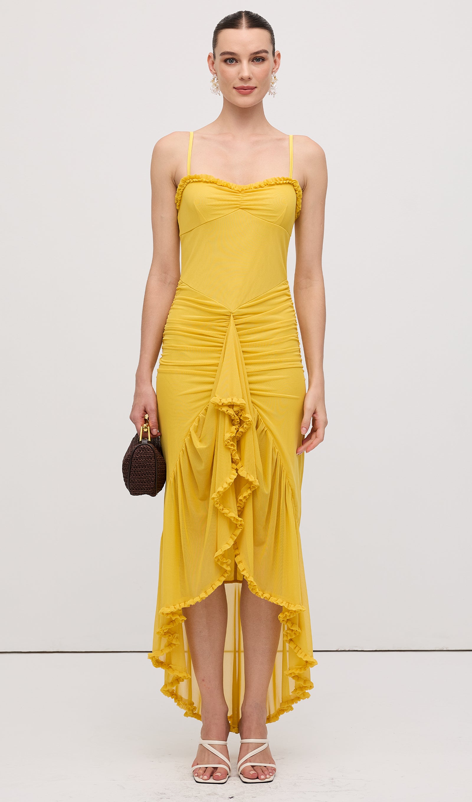 Mesh Ruffled Front Gown Maxi Dress Yellow