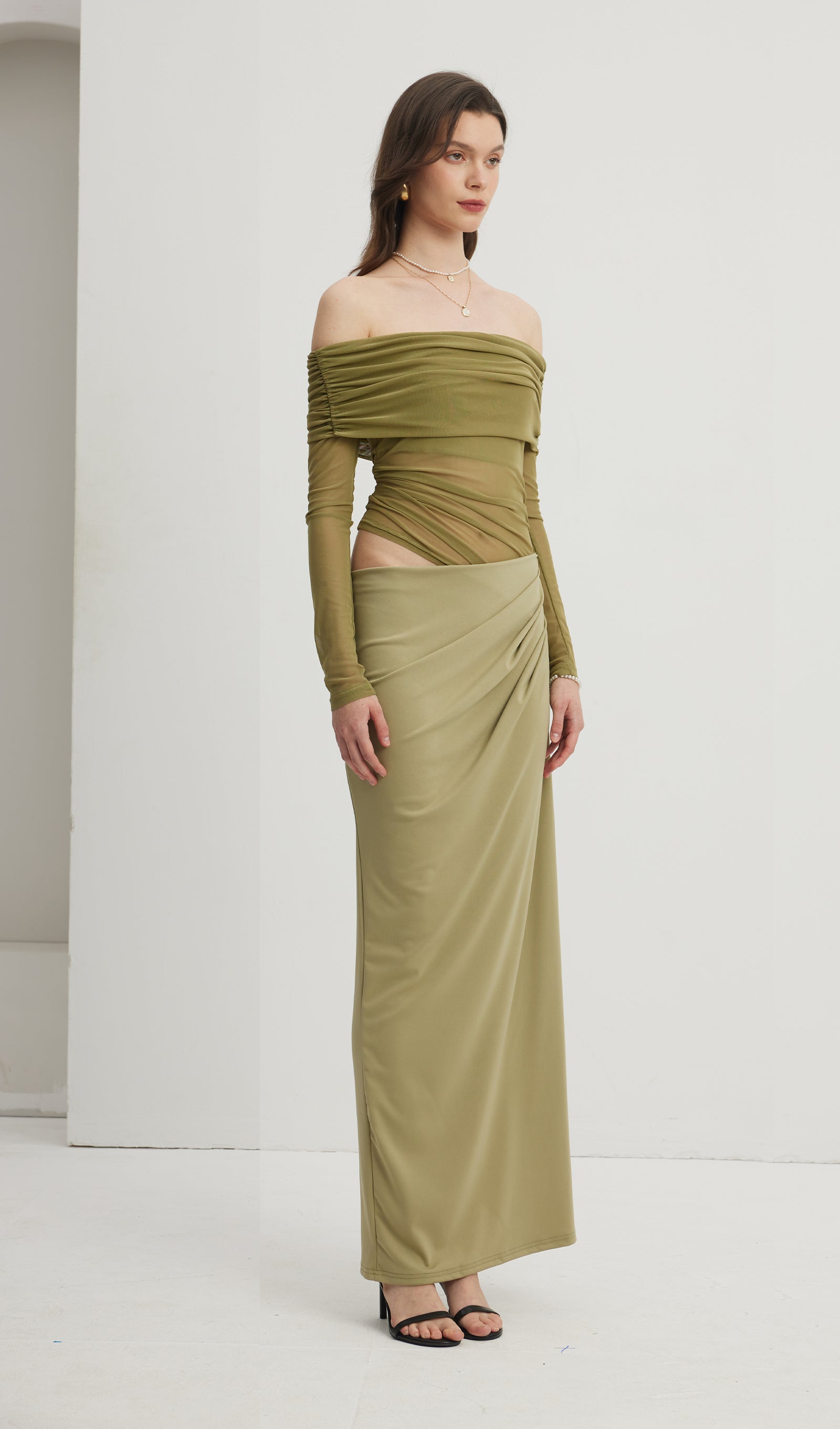 Off Shoulder Sheer Maxi Mesh Green