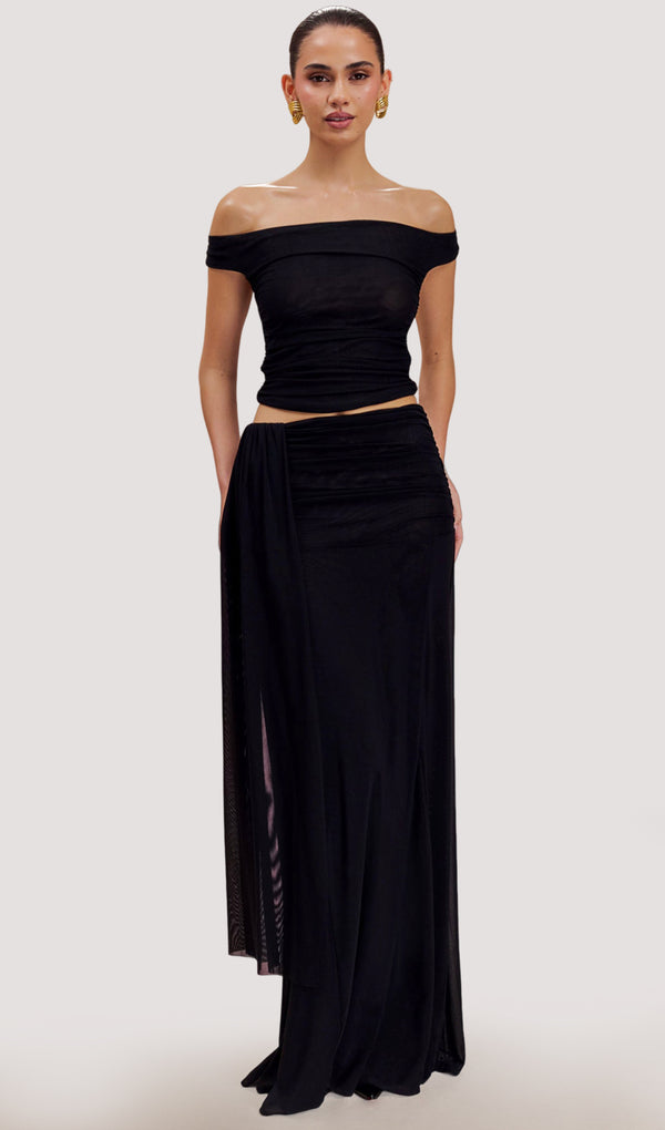 Mesh Top & Maxi Skirt In Black