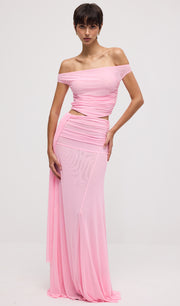Mesh Top & Maxi Skirt In Pink