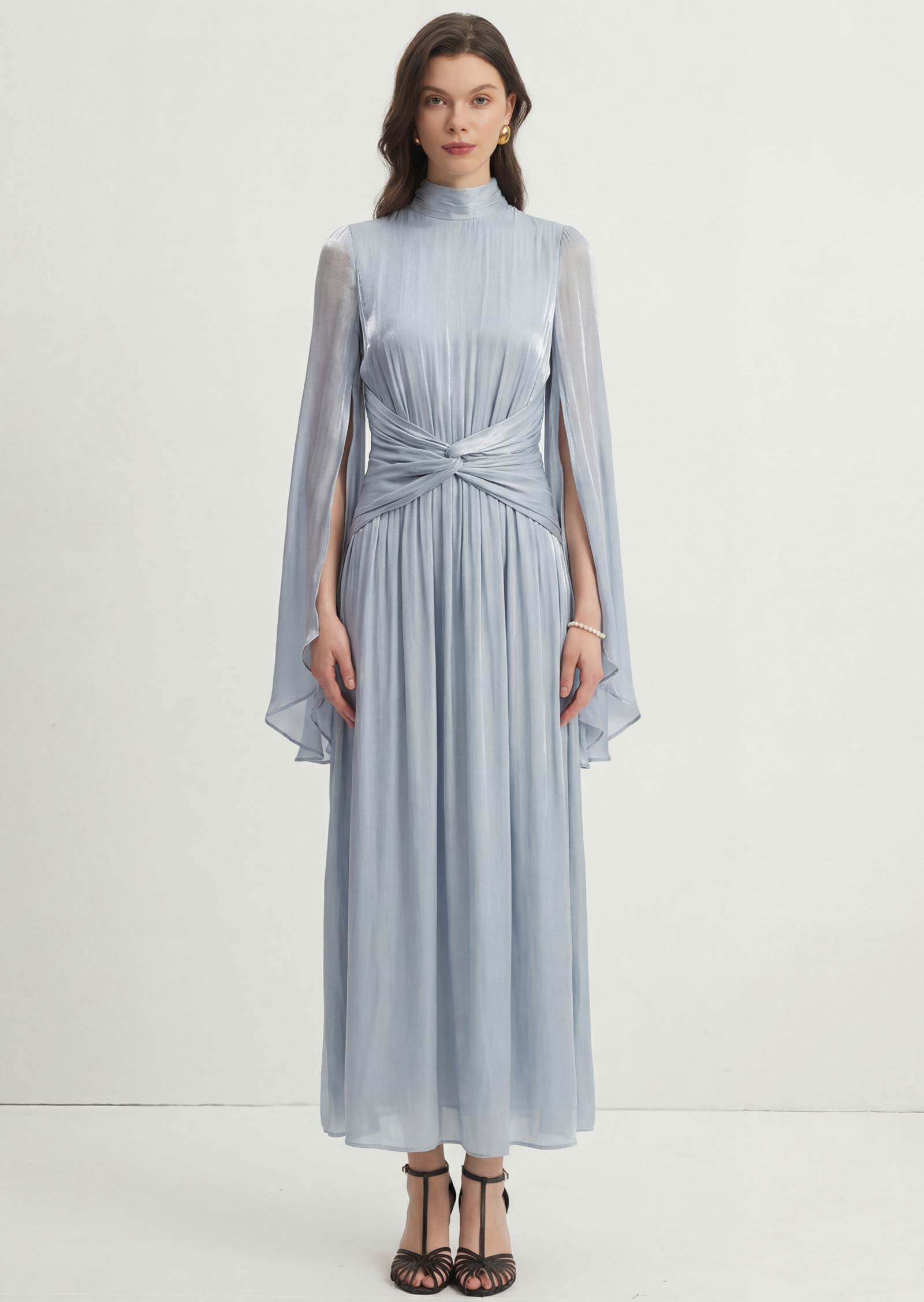Metallic Fabric Maxi Dress With Light Sleeves